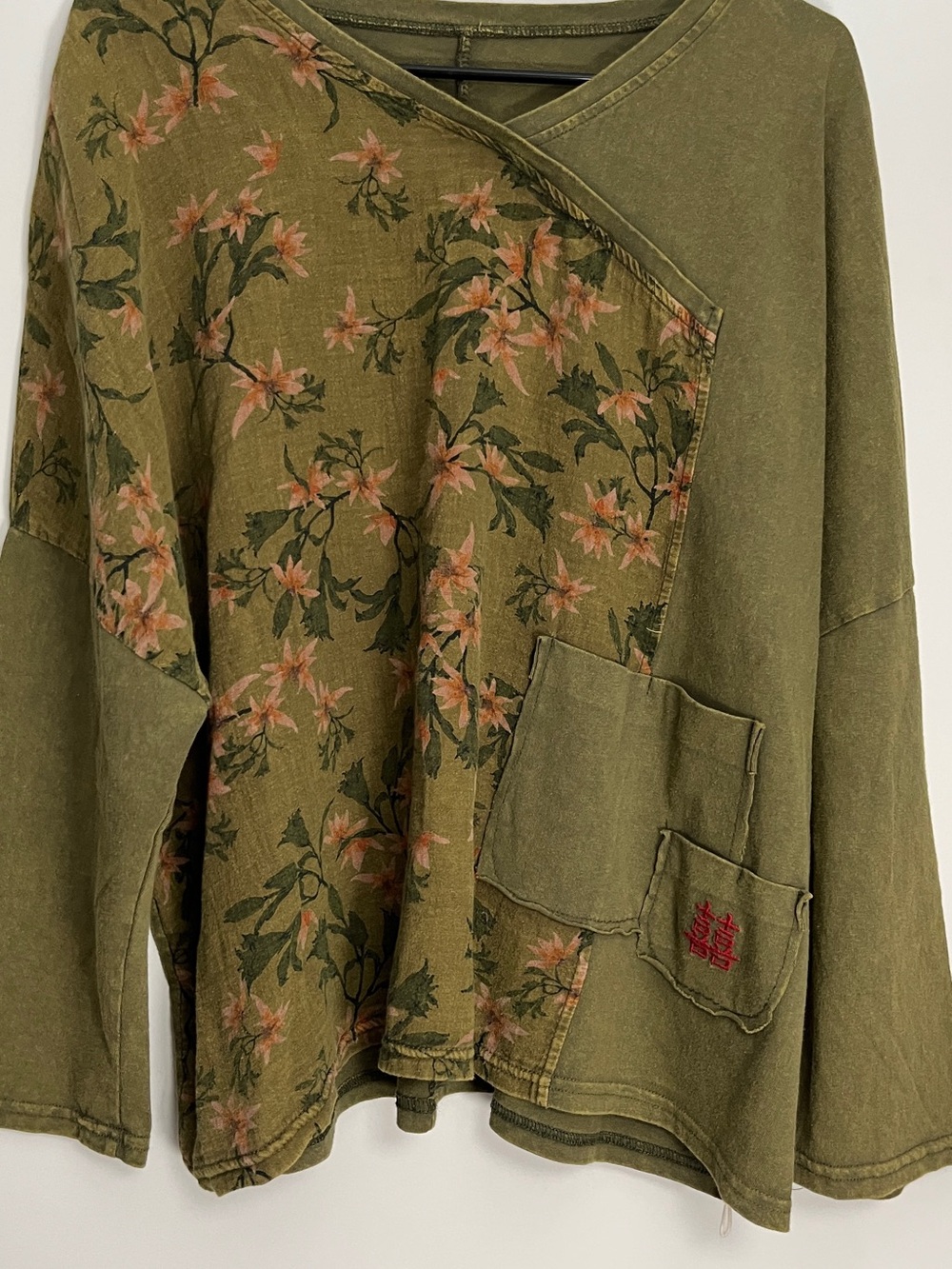 Unk Olive Floral Patchwork Jean Jacket with Pocket Detail